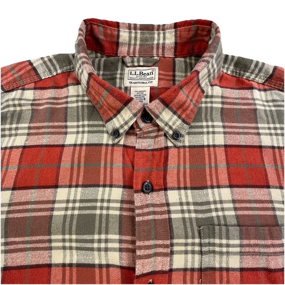 LL Bean Flannel Shirt Mens L Orange Plaid Traditional Fit Button Down Cotton
